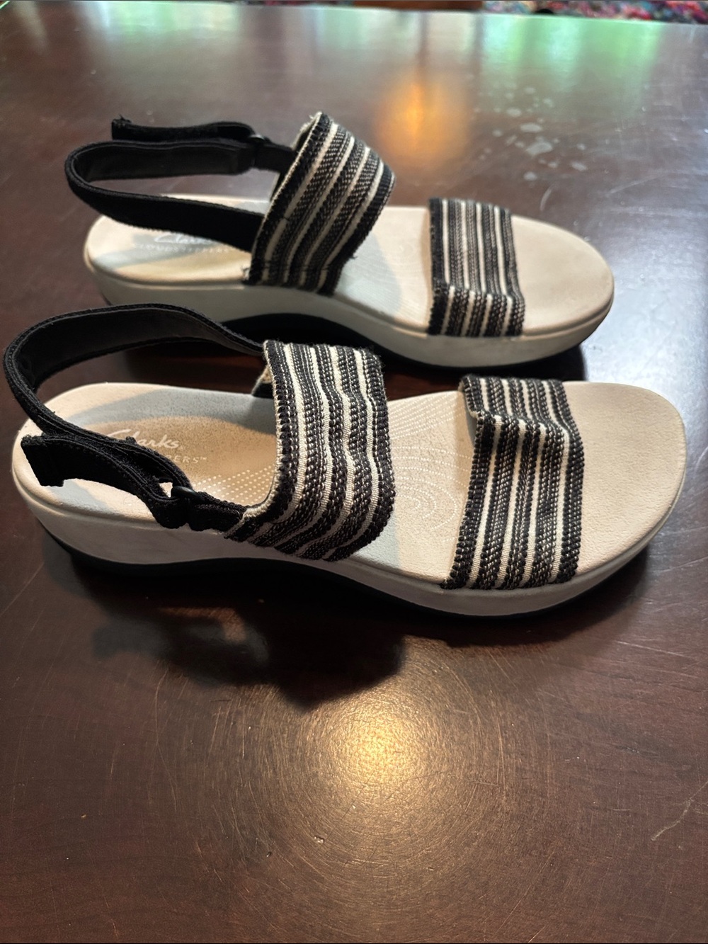 Clarks Cloudsteppers Black & Cream Striped Velcro Sandals
